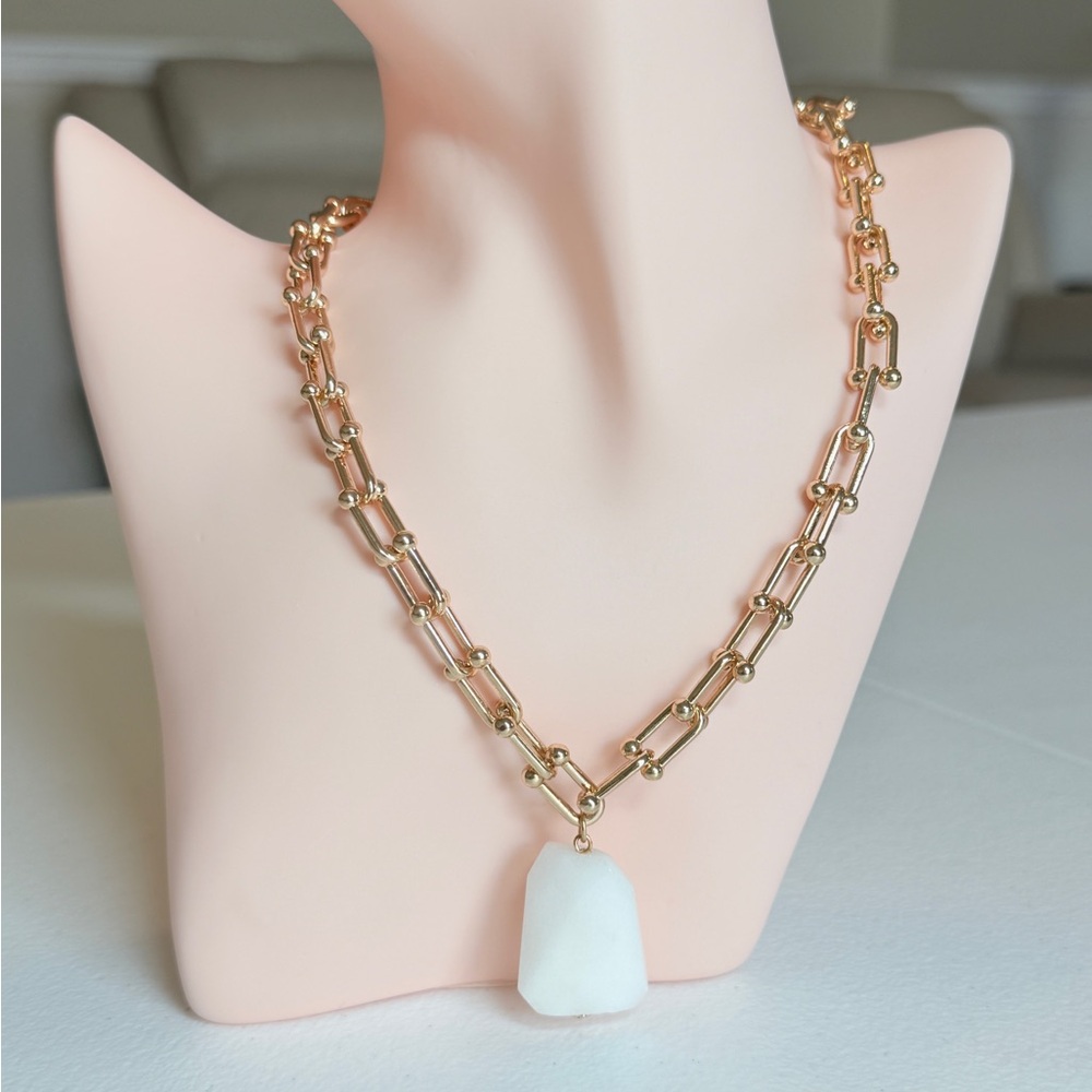 Gold Chain Necklace with White Stone Pendant